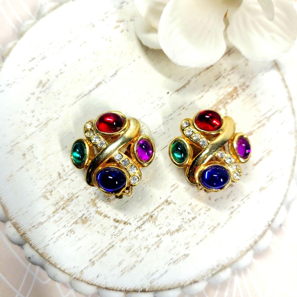 Vintage 90s Multi-Color Cabochon Clip On Earrings | Gold Tone Statement Jewelry